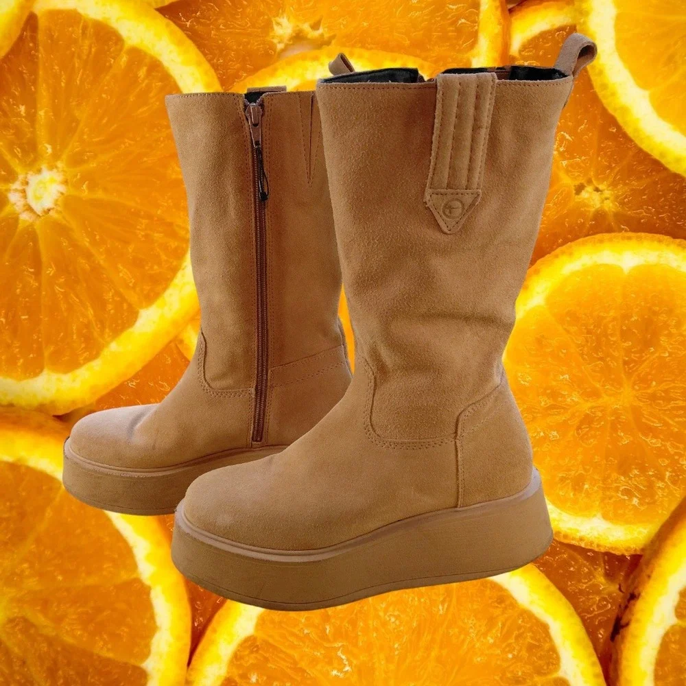 Tamaris Platform Boots‎ Suede Leather Zip Up Tan Brown Womens Shoes